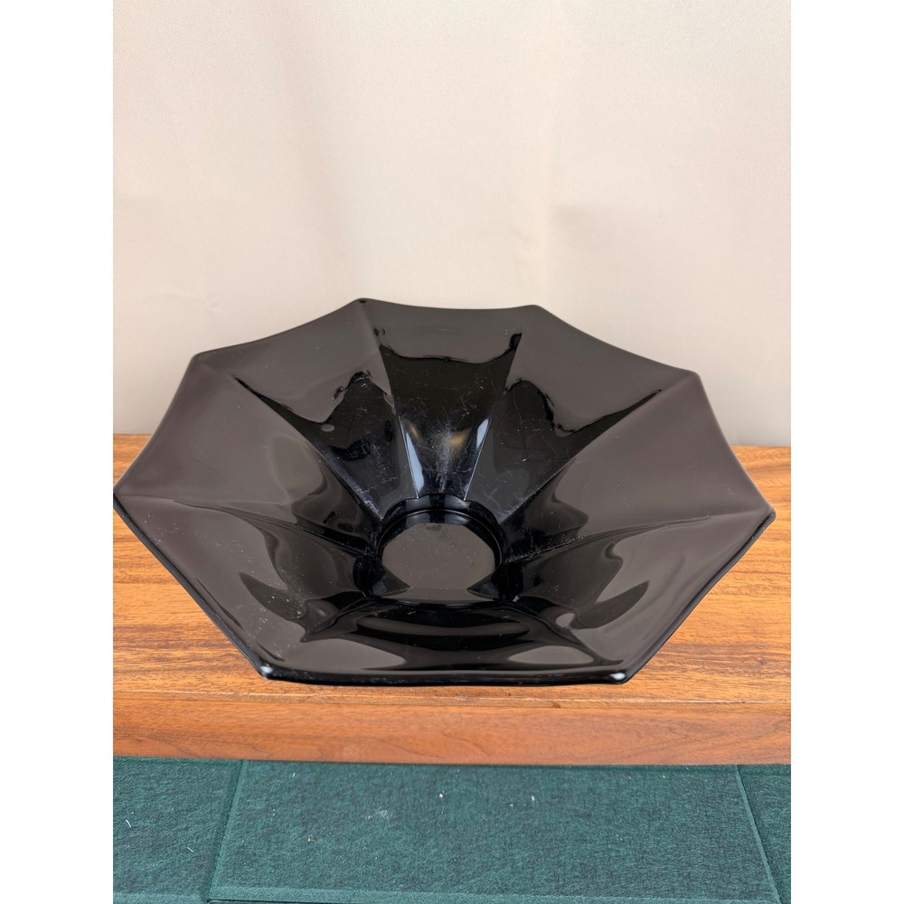 Vintage Black Amethyst Glass Octagonal Pedestal Bowl 12 Inch Art Deco Style